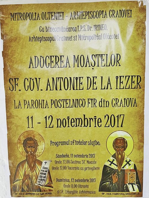 Moaştele Sfântului Antonie de la Iezer vor veni la Craiova spre închinare Poza 28706