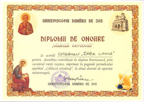 „Ziarul Lumina“ a primit diploma de onoare „Călăuză ortodoxă“