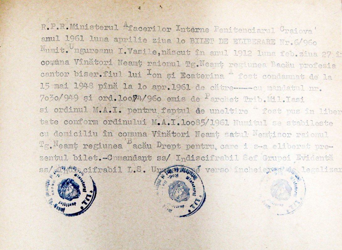 Cântăreţul bisericesc Vasile Ungureanu din Vânători, judeţul Neamţ, în temniţa comunistă 40170