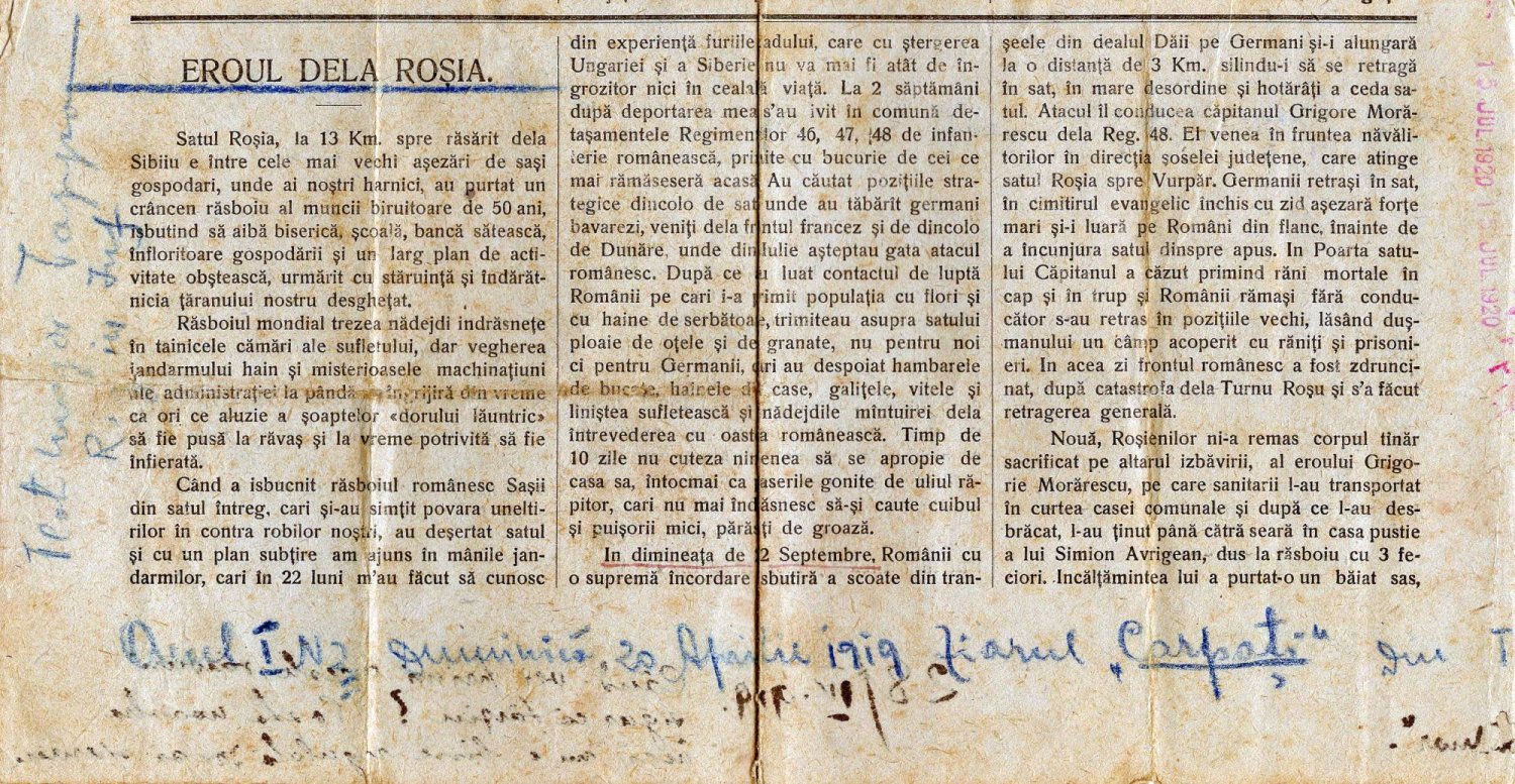 Eroul de la Roşia iese la lumină - mărturisire despre jertfa sa 15103