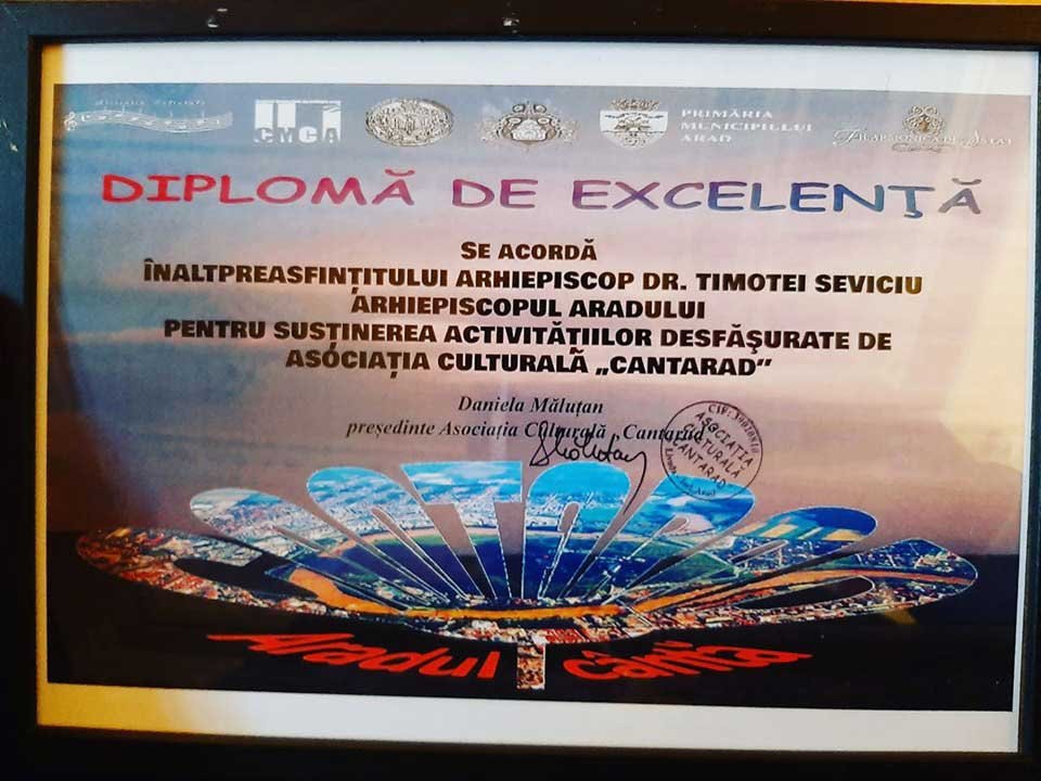 Diplomă de excelență pentru Arhiepiscopul Timotei, „Cantarad” 121798