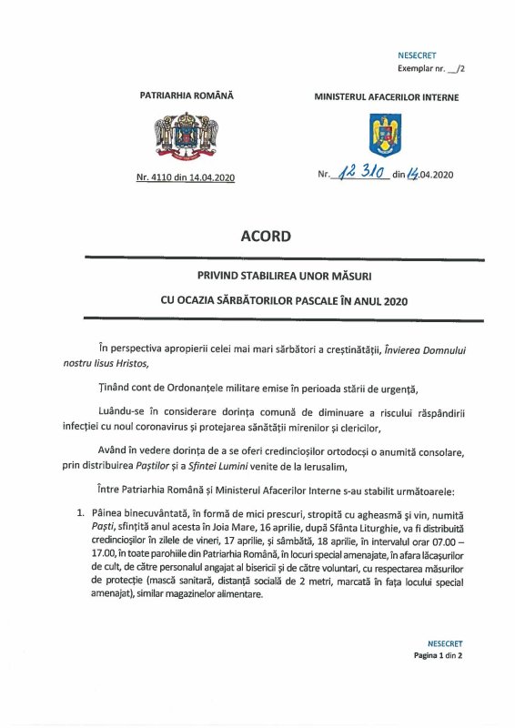 Acord privind stabilirea unor măsuri cu ocazia Sărbătorilor Pascale în anul 2020 142782
