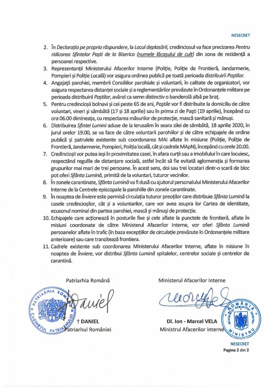 Acord privind stabilirea unor măsuri cu ocazia Sărbătorilor Pascale în anul 2020 142783