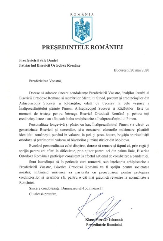 Scrisoarea de condoleanţe a Preşedintelui României pentru IPS Părinte Pimen 145158