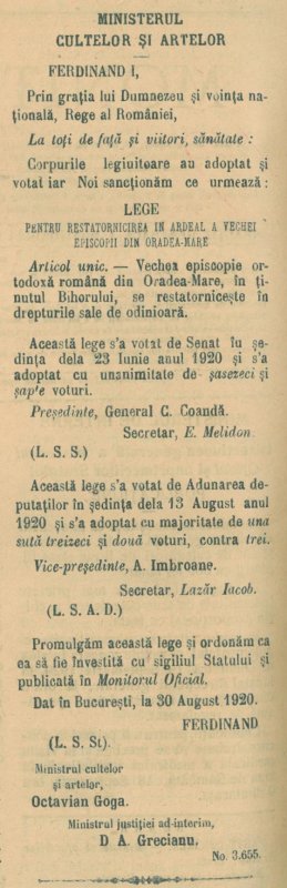 O sută de ani de la reînființarea Episcopiei Oradiei, 30 august 1920 151539