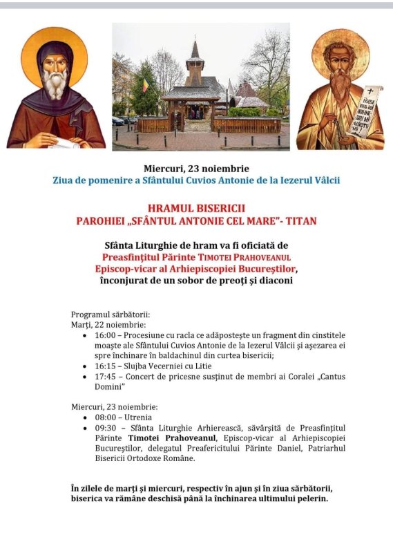 Sfântul Cuvios Antonie de la Iezerul Vâlcii va fi cinstit la biserica sa din Capitală 234892