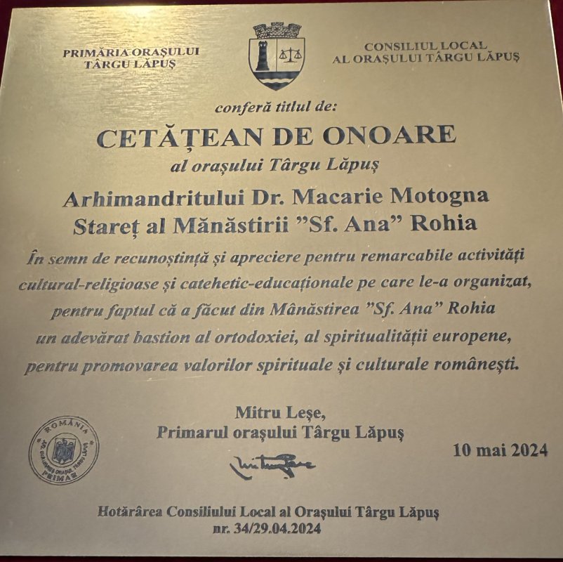 Starețul Mănăstirii Rohia, cetățean de onoare al orașului Târgu Lăpuș 295147