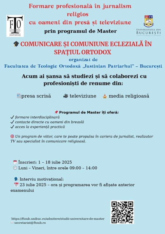 Înscrieri la masterul de Comunicare și comuniune eclezială în spațiul ortodox 335788