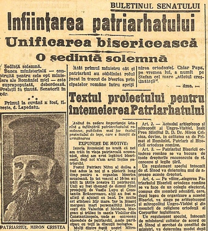 Recunoaşterea Patriarhiei Române de către Senatul României în presa vremii 335833