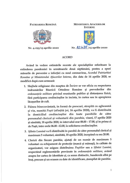 Nou acord privind stabilirea unor măsuri cu ocazia Sărbătorilor Pascale în anul 2020 Poza 142964