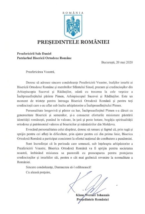 Scrisoarea de condoleanţe a Preşedintelui României pentru IPS Părinte Pimen Poza 145158