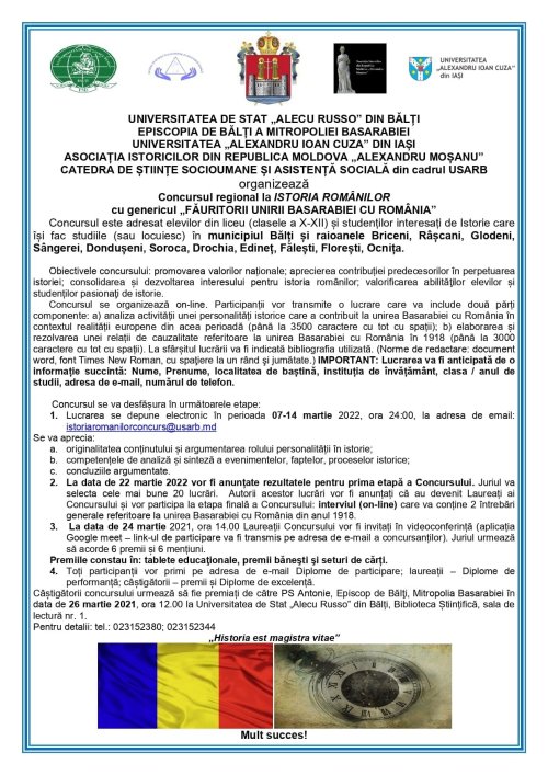 Concursul „Făuritorii unirii Basarabiei cu România” în Episcopia de Bălți Poza 204303