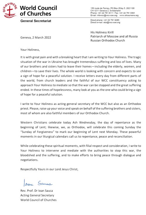 Apelul pr. Ioan Sauca, secretarul general în funcţie al CMB, către Patriarhul Kiril al Moscovei pentru mediere în încetarea războiului din Ucraina Poza 205153
