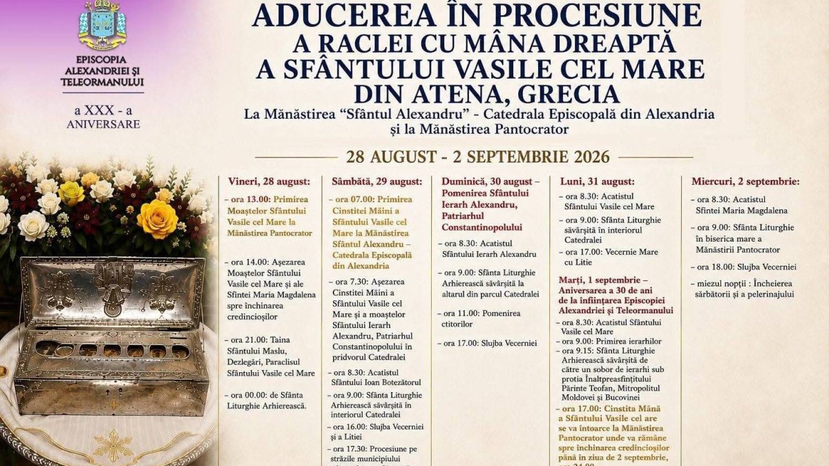 Mâna dreaptă a Sfântului Vasile cel Mare va fi adusă în Episcopia Alexandriei şi Teleormanului