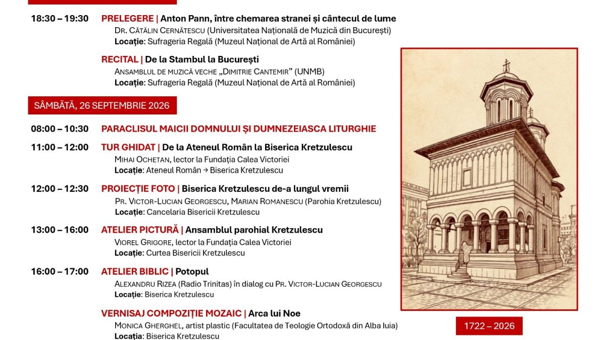 Program liturgic și cultural la aniversarea Bisericii Kretzulescu