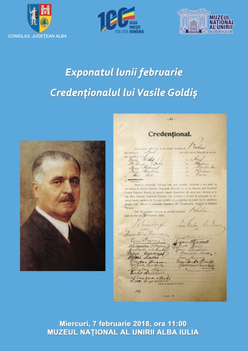 „Credenționalul lui Vasile Goldiș”, expus la Alba Iulia