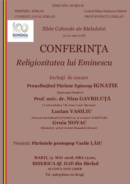 Conferinţa „Religiozitatea lui Eminescu“, la Bârlad 