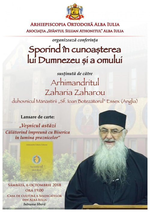 Arhimandritul Zaharia Zaharou va conferenția la Alba Iulia