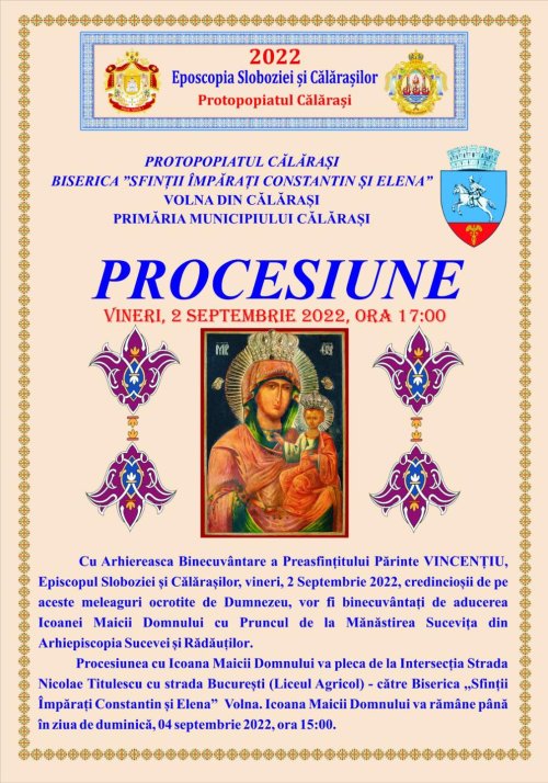 Icoana Maicii Domnului de la Mănăstirea Sucevița, timp de trei zile în municipiul Călărași