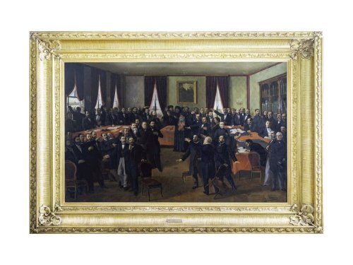 Copia recentă a tabloului „Proclamarea Unirei. 24 ianuarie 1859” de Theodor Aman, așezată în Palatul Patriarhiei 