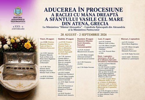 Mâna dreaptă a Sfântului Vasile cel Mare va fi adusă în Episcopia Alexandriei şi Teleormanului
