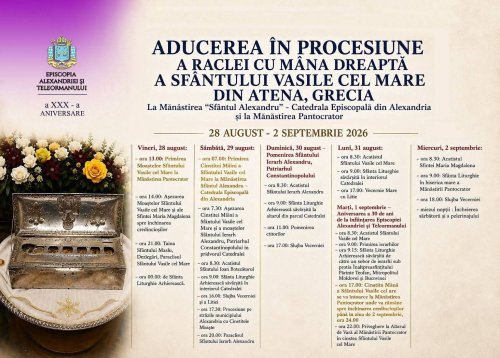 Mâna dreaptă a Sfântului Vasile cel Mare va fi adusă în Episcopia Alexandriei şi Teleormanului