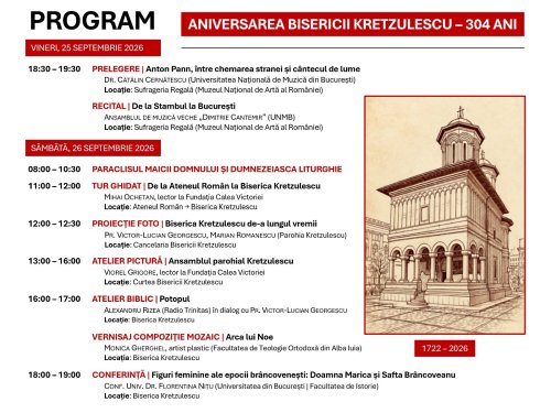 Program liturgic și cultural la aniversarea Bisericii Kretzulescu